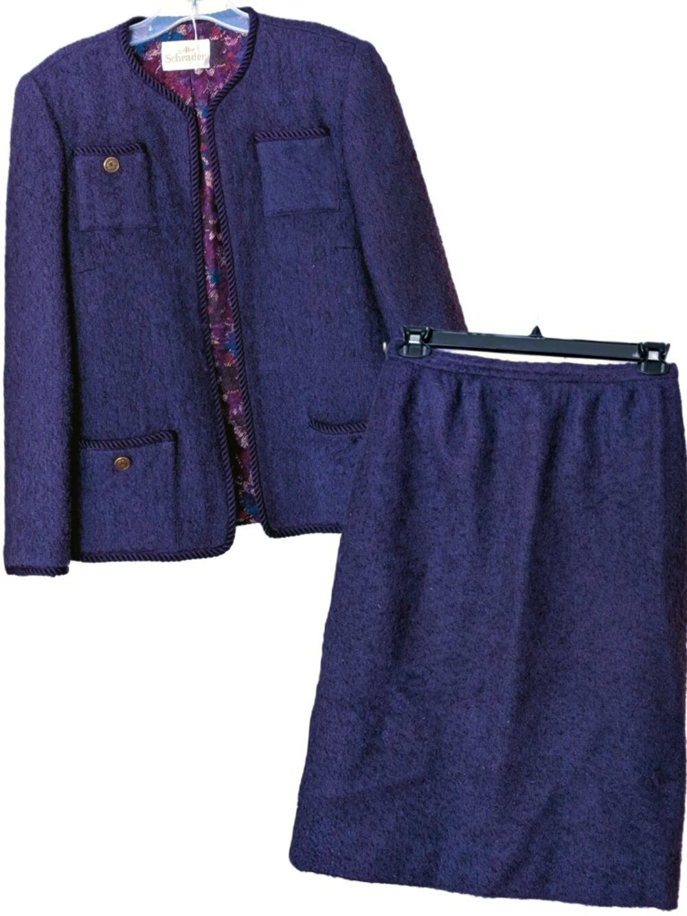 Vtg Abe Schrader Purple Wool Bouclé Skirt Suit Set Gold Crest Buttons M 6/8